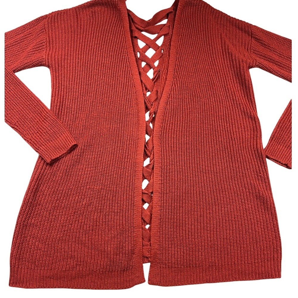 Pink Rose Womens Rust Orange Lace Up Back Open‎ Front Cardigan Sweater Medium
